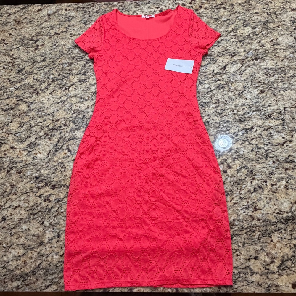 NEW Isaac Mizrahi Womens Coral Pink Eyelet Lace Short Sleeve Sheath Dress S ws